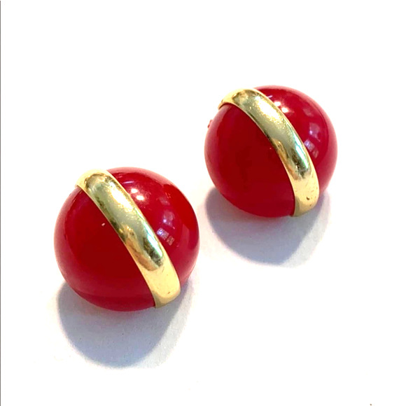 Vintage clip on earrings red Lucite & gold tone dots made in West Germany - Picture 1 of 6